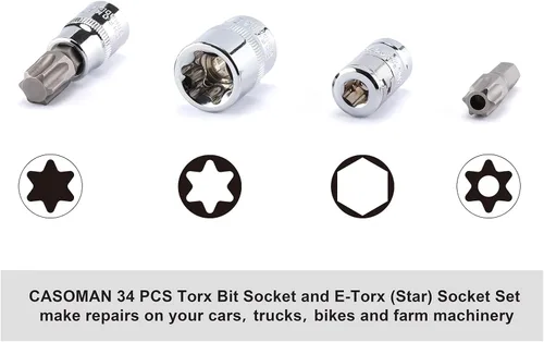 Miniatura 4 de CASOMAN 34 piezas de 3/8 pulgadas Torx Bit Socket y E-Torx (estrella) Juego de zócalos de acero CR-V y S2, E4-E20, T10-T60, a prueba