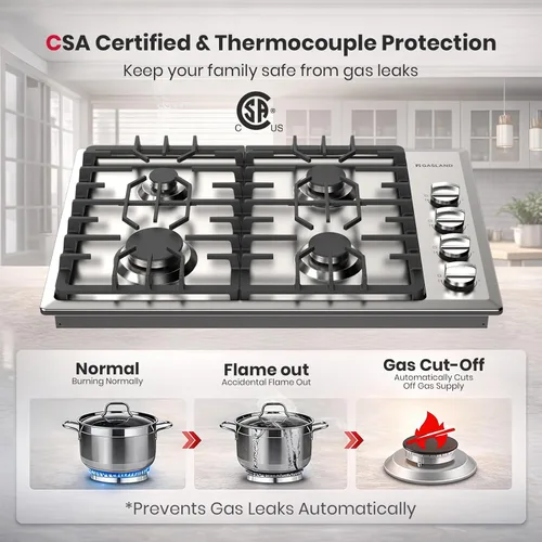 Miniatura 7 de GASLAND Cocina de gas de 30 pulgadas con 4 quemadores PRO GH2304SS, cocinas de gas NG/GLP convertibles a gas natural y propano, encendido