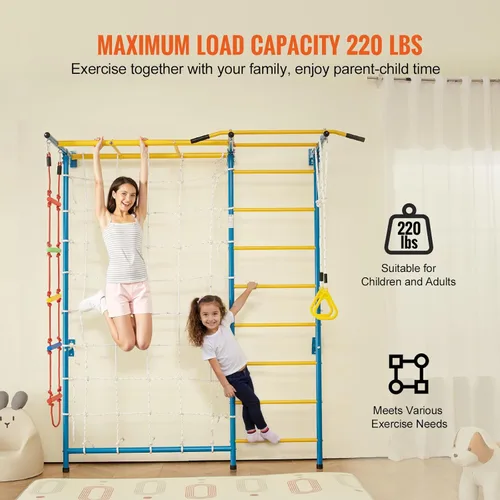 Miniatura 5 de VEVOR Gimnasio interior de la jungla para niños pequeños, juego de escalada 7 en 1 con escalera sueca de acero al carbono, escalera de pared, barra