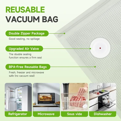 Miniatura 7 de Bolsas de sellado al vacío Vixino, 40 bolsas reutilizables de sellado al vacío para almacenamiento de alimentos, libres de BPA, preparación