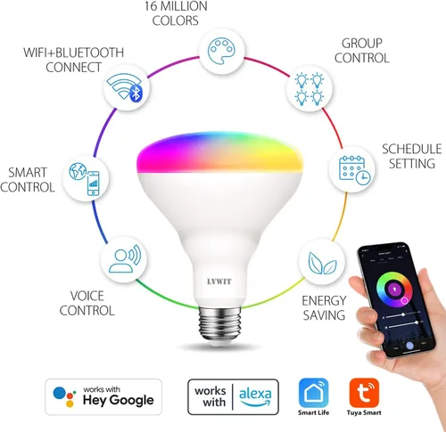Miniatura 8 de LVWIT Bombillas inteligentes Alexa, BR30 equivalente a 60 W, LED inteligente E26, funciona con Google Assistant, aplicación Smart Life, aplicación