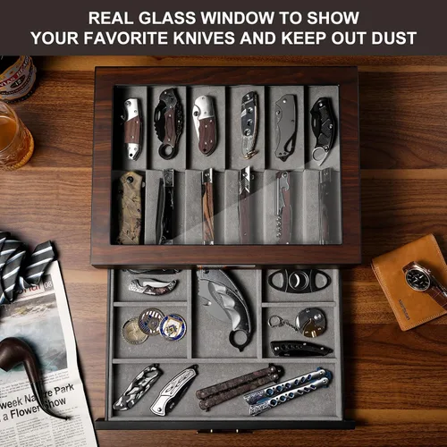 Miniatura 4 de Ikkle Vitrina de cuchillos de dos niveles de nogal con cajón y ventana de cristal real para almacenamiento y colecciones de cuchillos