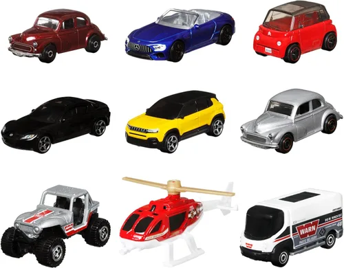 Miniatura 6 de Matchbox Paquete de 9 autos de juguete fundidos a presión a escala 1:64, camiones de construcción o basura, vehículos de rescate o aviones