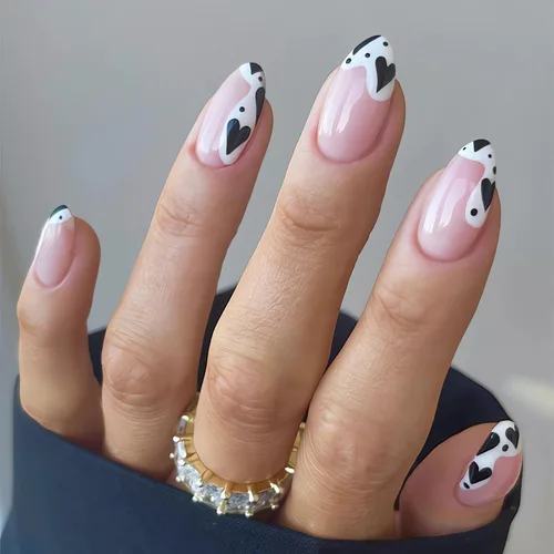 Miniatura 8 de 24 uñas postizas medianas a presión, color blanco y negro, uñas con pegamento en forma de almendra, uñas postizas brillantes con diseños, uñas