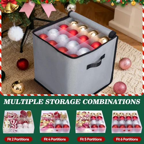 Miniatura 2 de BALEINE Caja de almacenamiento de adornos navideños con divisores, contenedor de almacenamiento de adornos navideños de alta calidad para Rojo