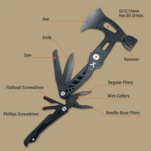 Miniatura 3 de Bear Grylls Hacha Multiherramienta Martillo – Con cuchillo, abrebotellas, hacha, funda de nailon, sierra, destornillador, silbato – táctico