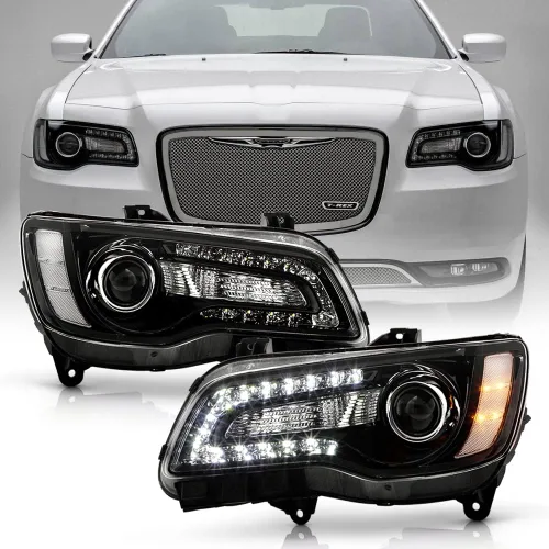 ACANII - Faros delanteros para Chrysler 300 2011-2023 con proyector LED tipo halógeno DRL negro, juego de faros izquierdo + derecho