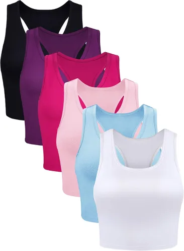 Miniatura 6 de 6 piezas de camisetas básicas sin mangas con espalda cruzada deportivas, cortas, para mujeres y niñas, uso diario