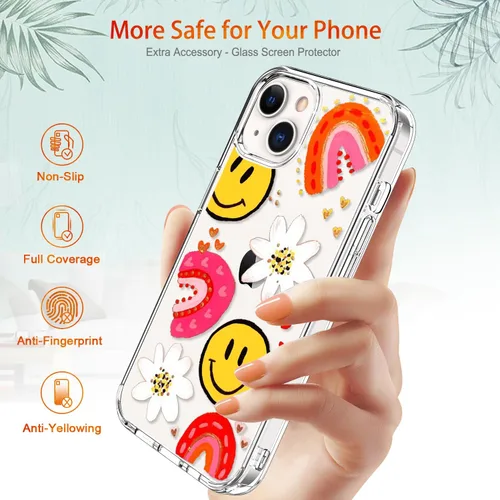 Miniatura 6 de Funda para iPhone 13 con protector de pantalla, transparente con diseño floral para niñas y mujeres, a prueba de golpes, con funda de parachoques