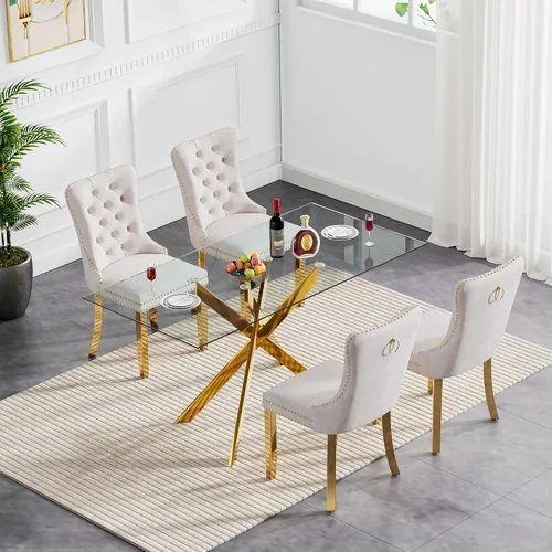 Miniatura 2 de Juego de mesa de comedor de cristal para cocina de 4, 5 piezas, mesa de comedor rectangular de 51 pulgadas con 4 sillas de cocina de terciopelo