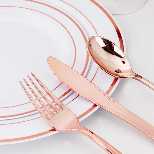 Miniatura 5 de WDF Juego de cubiertos desechables de oro rosa de 160 piezas, cubiertos de plástico pesado, incluye 80 tenedores, 40 cucharas, 40 cuchillos