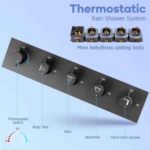 Miniatura 5 de Sistema termostático de ducha de lluvia, sistema de ducha inteligente LED de 23 pulgadas con chorros corporales y de mano, sistema de ducha
