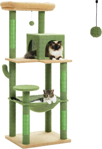 Miniatura 25 de PETEPELA Árbol de Madera para Gatos de Interior Torre de Múltiples Niveles con Postes Rascadores Cubiertos de Sisal, Condominio Acogedor, Hamaca