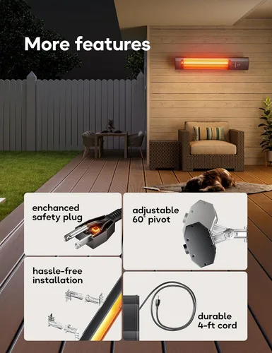 Miniatura 7 de Calentador de patio para uso en exteriores, calentadores eléctricos de 34 pulgadas, 1500 W, calentador infrarrojo de montaje en pared, calefacción