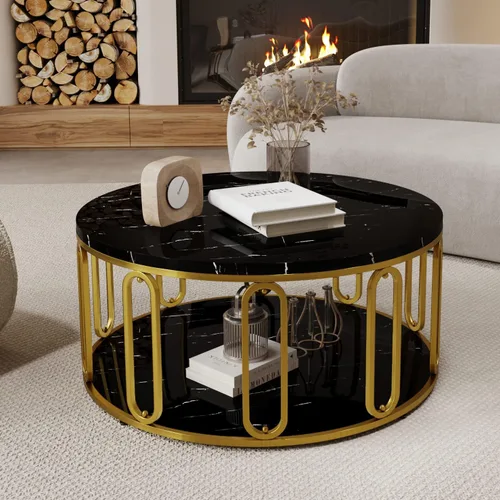 Miniatura 10 de Mesa de café redonda, mesa de madera con patrón de mármol y almacenamiento abierto redondo, patas sólidas de metal dorado para sala de estar