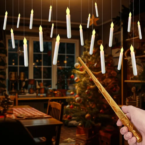 Miniatura 8 de Raycare Velas Flotantes con Varita, 12 Piezas de Velas Colgantes Mágicas Sin Llama, Vela LED Cónica con Luz Cálida Parpadeante y Control Remoto