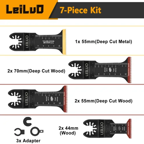 Miniatura 2 de LEILUO 7 hojas de sierra oscilantes universales extra largas de dientes japoneses y titanio multiherramienta para madera con clavos, cuchillas