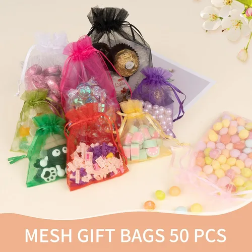 Miniatura 4 de Bolsas de organza de 3x4 pulgadas, 50 paquetes de pequeñas bolsas de regalo de malla con cordón, bolsas de muestra para fiesta, boda, baby shower