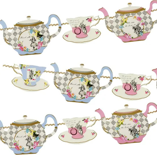 Guirnalda de banderines de tetera Alicia en el País de las Maravillas de 13 pies, decoración temática para fiesta de té, cumpleaños, té de la tarde,