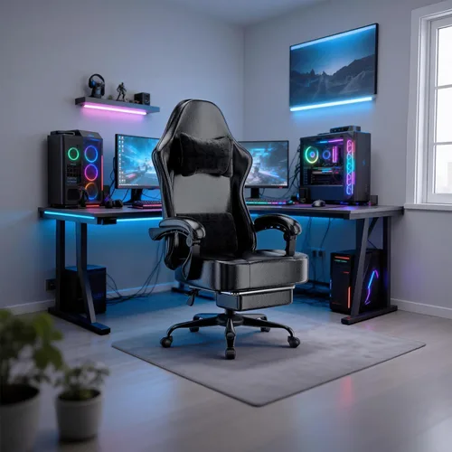 Miniatura 2 de Silla de videojuegos para adultos, silla de juegos con masaje y con reposapiés, almohada lumbar ajustable para niños, cómoda silla de computadora