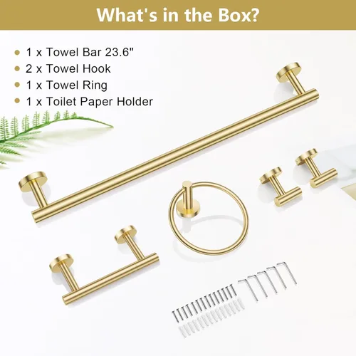 Miniatura 8 de TQKAG Juego de 5 piezas de accesorios de baño de oro cepillado 23.6" SUS304 Juego de toallero de baño de acero inoxidable Soporte de toalla de baño