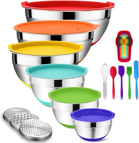 Rottay Cuencos para mezclar con tapas herméticas, juego de 20 cuencos de acero inoxidable, cuencos anidables con 3 accesorios de rallador y parte