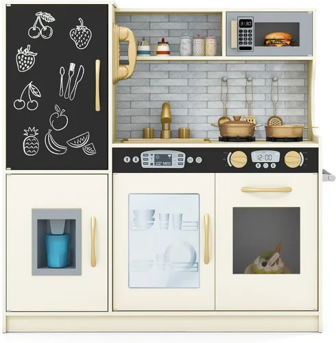 Miniatura 15 de MAT EXPERT Juego de cocina para niños, cocina de juguete de chef de madera con pizarra, máquina de hielo, accesorios de utensilios de cocina