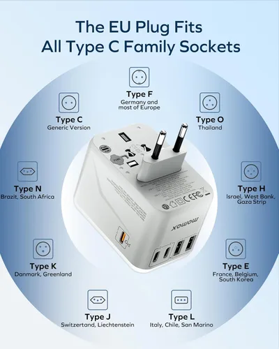 Miniatura 6 de MOMAX Adaptador de viaje universal 6 en 1, adaptador de corriente internacional GaN 70W, 3 USB-C PD de carga rápida y 2 USB-A QC, 1 AC, adaptador