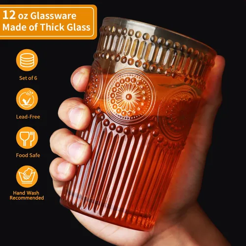 Miniatura 2 de Loivttvv Juego de 6 vasos de bebida vintage, vasos de Highball de 12 oz / 354.83 ml en ámbar, vasos de cristal acanalados con relieve para cóctel