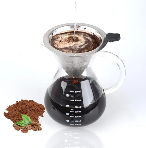 Miniatura 9 de T-mark Cafetera vertida con filtro reutilizable de acero inoxidable de doble capa, jarra de café de vidrio sin BPA de 13.5 fl oz/14oz, cafetera