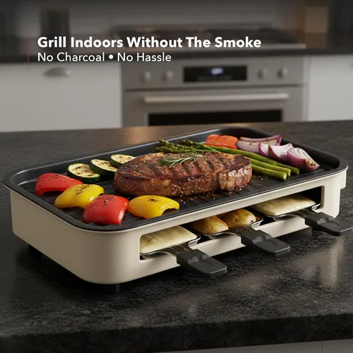 Miniatura 2 de OVENTE Parrilla eléctrica 2 en 1 para interior, parrilla coreana sin humo de 1500W con placa de cocción extraíble antiadherente, 3 sartenes