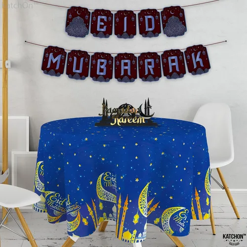 Miniatura 5 de KatchOn, Blue Eid Mubarak Mantel de 108 x 54 pulgadas, paquete de 3 manteles de Eid Mubarak para decoraciones de Eid para el hogar Decoraciones