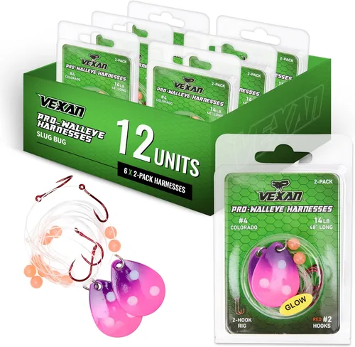 Miniatura 13 de Vexan Glow Walleye Spinner Rig - Live Bait Fishing Rig for Walleye with UV Glow Beads, #4 Colorado Spinning Plates, #2 Red J-Hook Setup, 48” Mono
