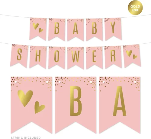 Andaz Press Blush Rosa y Metallic Gold Confeti Lunares Baby Shower Party Collection Banderín colgante con cuerda, Baby Shower, 5 pies, 1 juego