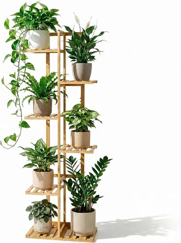 Miniatura 9 de ROSSNY Soporte para Plantas de Interior de 55 Pulgadas de Alto, 7 Niveles 8 Macetas Soporte de Bambú para Plantas de Interior, Soporte de Plantas