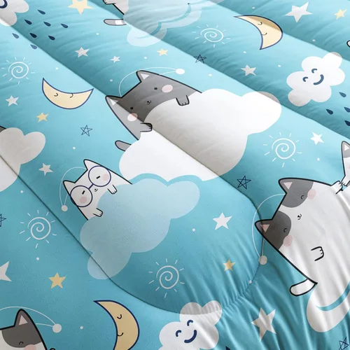 Miniatura 5 de QOOMO - Juego de edredón de tamaño individual con gatos, juego de edredón azul con nubes para niños, adolescentes, niñas y niños, juego de cama de 3