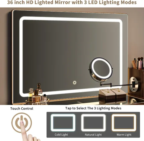 Miniatura 3 de iPormis Escritorio de tocador de maquillaje con espejo de aumento HD y 5X y luces, tocador de maquillaje de 47 pulgadas, tocador superior de vidrio