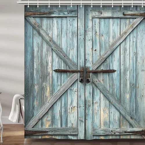 Miniatura 30 de Cortina de ducha de puerta de granero de madera rústica, 60 x 70 pulgadas, beige