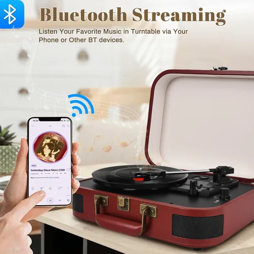 Miniatura 4 de Tocadiscos Vintage Suitcase, tocadiscos portátil Bluetooth de 3 velocidades con altavoces integrados, para discos de vinilo de 7/10/12 pulgadas