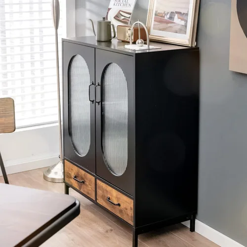 Miniatura 2 de LOKO Armario buffet con almacenamiento, armario de cocina con puertas y cajones de vidrio templado, armario de almacenamiento de credenza