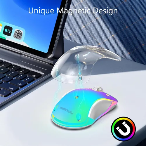 Miniatura 6 de memzuoix Mouse inalámbrico de 2.4G con cubierta personalizable y LED de 9 colores, ergonómico recargable, 1400 DPI, 5 botones, receptor USB para Azul