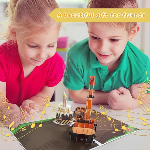 Miniatura 5 de Tarjeta de Felicitación 3D Desplegable de 1er Cumpleaños con Luz y Música, Tarjeta de Grúa y Camión Para Niño, Sobrino, Nieto, Hijo, Pequeño