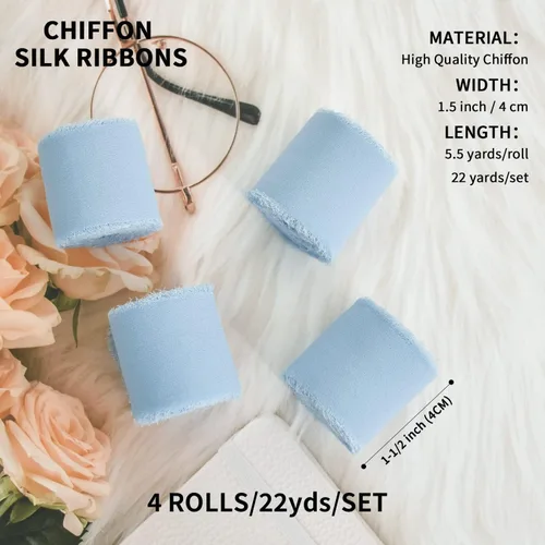 Miniatura 2 de TONIFUL 4 rollos de cinta de seda de gasa azul claro azul claro de 1-1/2 pulgadas, 22 yardas hechas a mano con flecos, juego de cintas de gasa