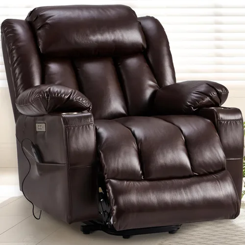 Miniatura 7 de Silla reclinable grande de cuero para personas mayores con función de masaje y calefacción, silla convertible Lazy Boy con portavasos, puertos USB