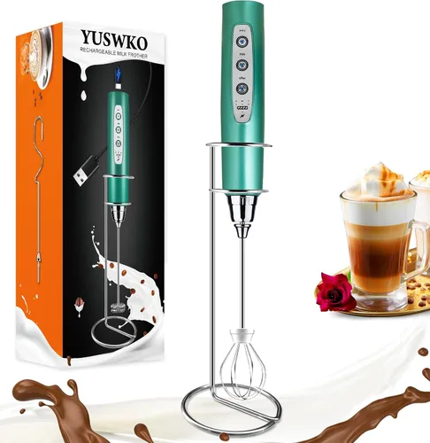 Miniatura 20 de YUSWKO - Espumador de leche recargable de mano con 3 cabezas, mezclador de bebidas con 3 velocidades ajustables para latte, cappuccino, chocolate