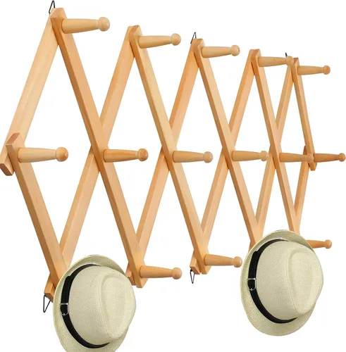 Miniatura 25 de WEBI Acordeón para colgar en la pared, percha de pared para sombreros, acordeón, expandible, de madera, montado en la pared, estante de gancho