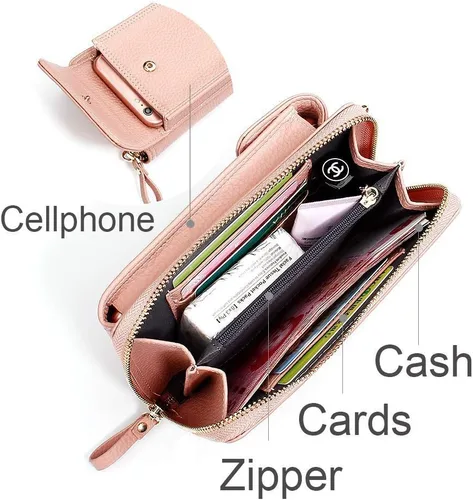 Miniatura 6 de Bolsa cruzada de piel para teléfono celular, con ranuras para tarjetas con protección de interferencia de radiofrecuencia (RFID), de cuero, para Rosa
