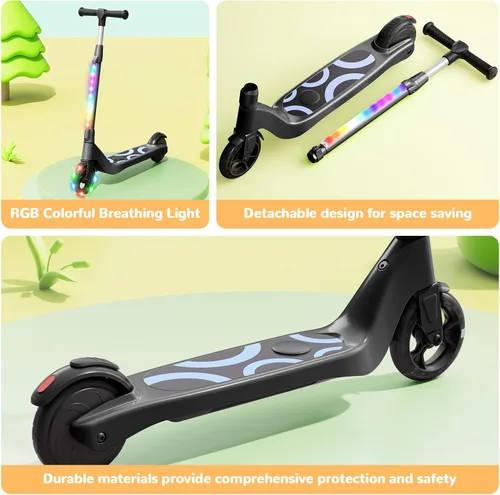Miniatura 7 de Patinete eléctrico para niños de 6 a 12 años, scooter plegable con altura ajustable, motor de 80 W, 6 MPH, luces LED coloridas, frenos duales