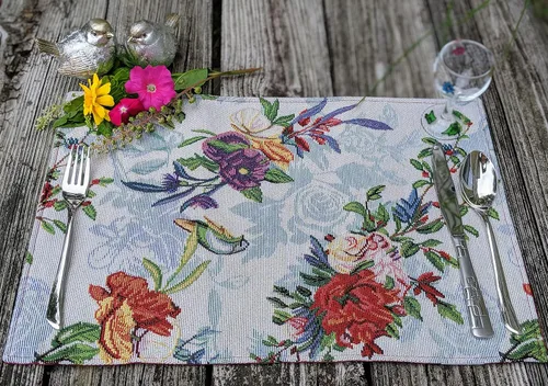 Miniatura 8 de DaDa Bedding Tropical Paradise - Manteles individuales florales de rosas azules - Juego de 4 tapices de naturaleza, pájaros, flores exóticas, jardín