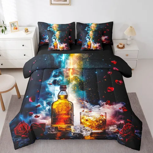 Miniatura 9 de Whisky - Juego de ropa de cama de 7 piezas tamaño individual, cama de vidrio de hielo de whisky en una bolsa para niños, juego de edredón retro
